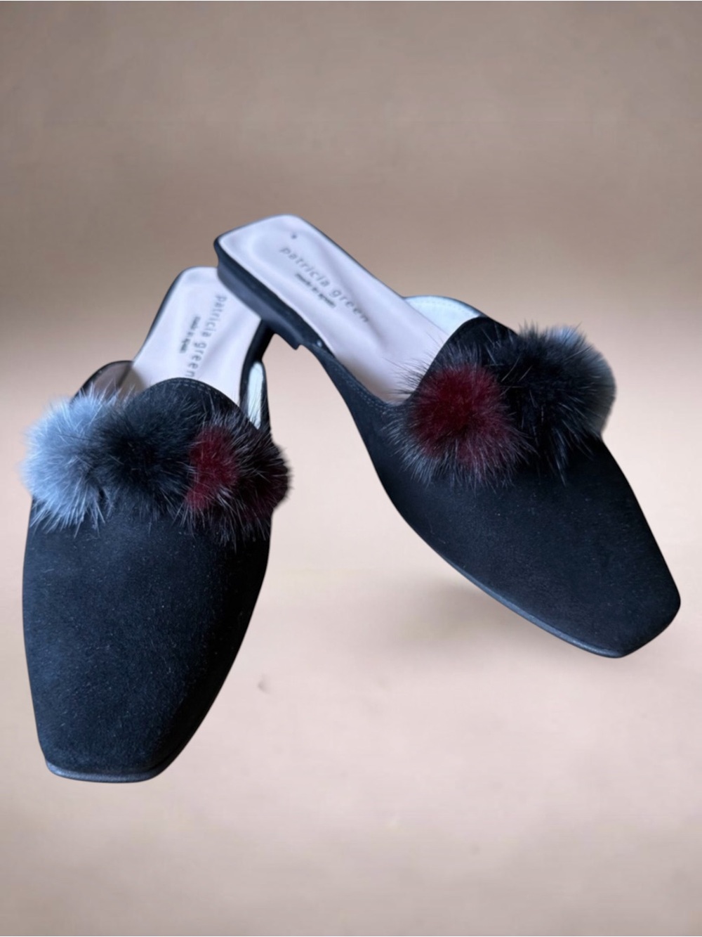 New! Patricia Green Cerise Genuine Mink Pom Poms Mules Size 6